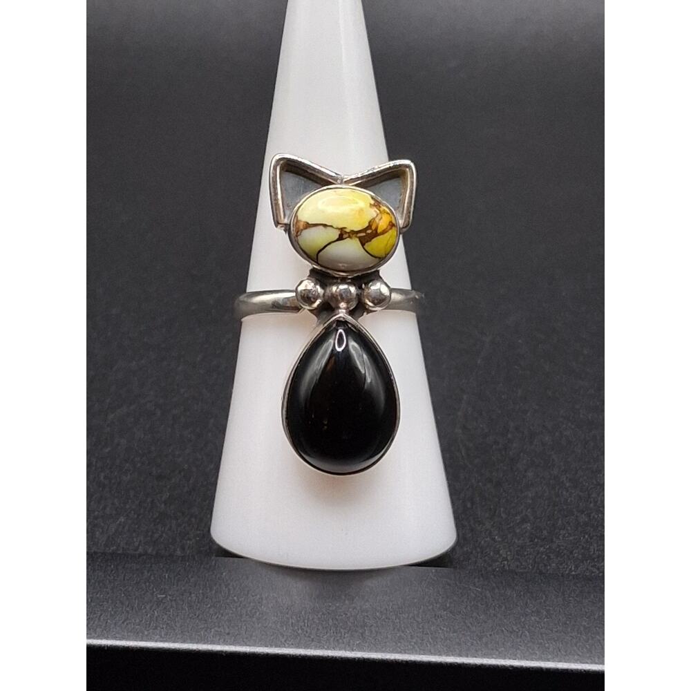 Honey Dahlia Onyx Cat Ring, Adjustable, 925 SS, Southwest Native American Style